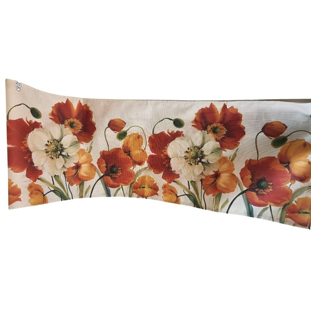 Floral Table Runner With Red White & Yellow Poppies On Beige Background 6 foot x